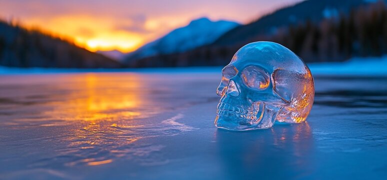 Frozen fate: Crystal skull amidst the alpine landscape with golden sunset glow