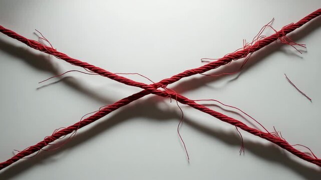 Tensioned long red thread on the verge of snapping against a backdrop. Break the resilient rope. Rope strained on a background.