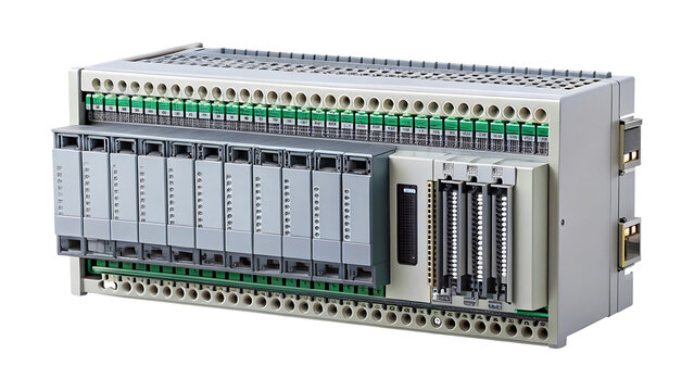 Programmable Logic Controller with Multiple Modules and Connectivity Ports for Industrial Automation