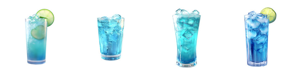 Blue Mocktail Drink with Ice Cubes and Lime Slice &mdash; Realistic Refreshing Summer Beverage Illustration &mdash; Isolated Transparent PNG Set