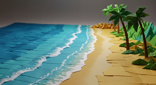 Paper art beach scene in blue and beige tones, for websites and blogs