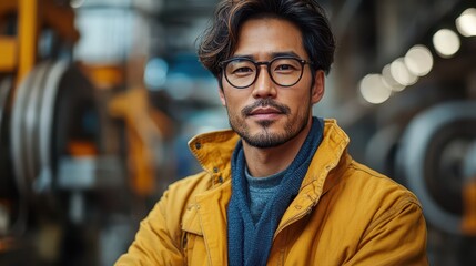 Fototapeta premium Man in yellow coat poses confidently in workshop