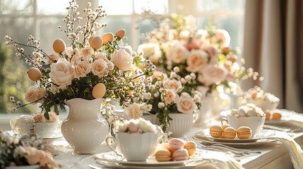Spring floral arrangement on a table, with pastel colors