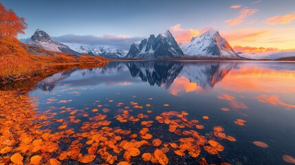 Autumnal mountain lake at sunrise. Tranquil scene of a serene lake reflecting the vibrant autumn colors and snow-capped peaks. Leaves drift peacefully on the water's surface