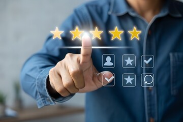 Customer feedback and review good rating concept, man in a business suit interacting with floating digital 5-star customer reviews. testimonial and testimony, user comment and feedback for review.