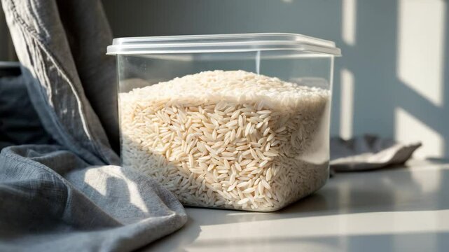 Plastic bin packed with dry rice, viewed from the side.