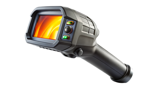 A handheld thermal imaging camera displays warm colors on the screen