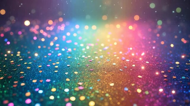 Vibrant rainbow glitter backdrop for invitations, highlighting a little girl, unicorn pony, and sequin designs for events