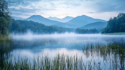 Serene mist covered lake glowing fireflies hovering above mountain peaks in the distance cinematic tranquil escape