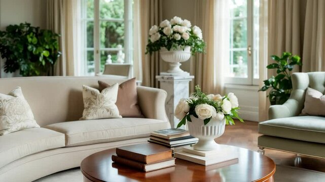 Round coffee table placed in front of the sofa accompanied by cushions and an armchair in the design, showcasing a console table and floral arrangement in a vase.