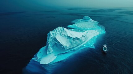 Massive iceberg floats in deep blue ocean waters.