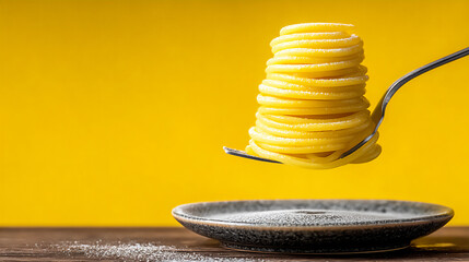 a surreal food photograph on a bright background where spaghetti noodles and a fork appear to be magically floating in mid-air