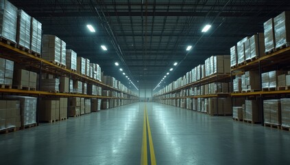 Fototapeta premium Empty warehouse interior, lit by fluorescent lights. Rows of shelving stacked high with cardboard boxes. A long, straight aisle extends through the center