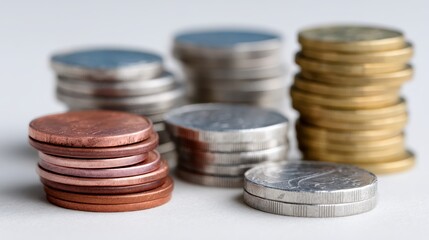Close-up of stacked coins, various sizes and denominations, with a clean white background, symbolizing wealth or financial concept.