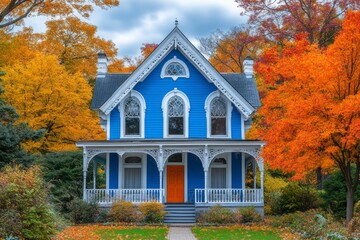 Vibrant autumnal scene showcasing a charming blue Victorian home.