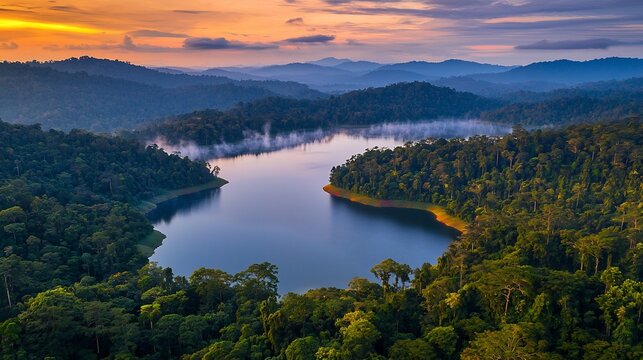 Serene mountain lake surrounded lush forests mist rising from the water at dawn cinematic peaceful haven