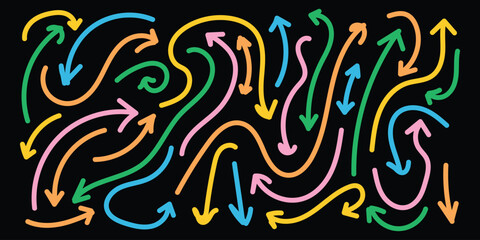 Colorful doodle arrows on black background. Hand drawn sketchy direction symbols in playful style. Vector illustration for abstract design or navigation themes.