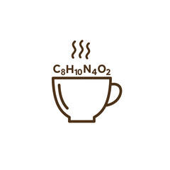 Vector icon showing a coffee cup with the chemical formula for caffeine, C eight H ten N four O two. Symbol for coffee, tea, energy drinks, stimulants, and molecular chemistry concepts