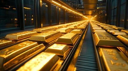 Binary brilliance transforming data into wealth digital conveyor belt producing gold bars stock image. [Cyber Serenades] | Bit Ballads | binary song. Illustration