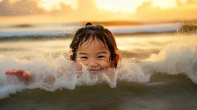Joyful Splashing: Capturing a young child's unadulterated delight as they frolic in the embrace of the sea, with the golden light of a sun-kissed horizon as a backdrop.