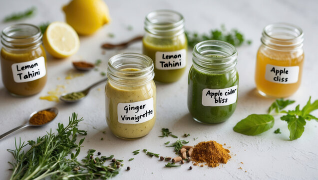 Assorted jars of homemade dressings and sauces labeled lemon tahini, ginger vinaigrette, apple cider bliss, and apple elixir
