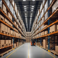 Warehouse Interior with Forklift and High Shelving