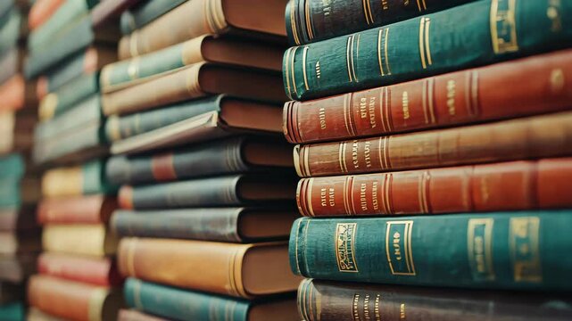 Stacks of Literary Classics: A close-up shot of a multitude of stacked books, each with a distinct spine and cover, evokes a sense of history, knowledge, and the enduring power of literature.
