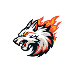 Dynamic esports logo featuring a fierce wolf head with fiery elements and bold colors, representing strength and intensity in competitive gaming