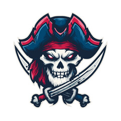 Fototapeta premium Vector esports logo featuring a fierce pirate skull with swords and a bold hat design, ideal for competitive gaming teams
