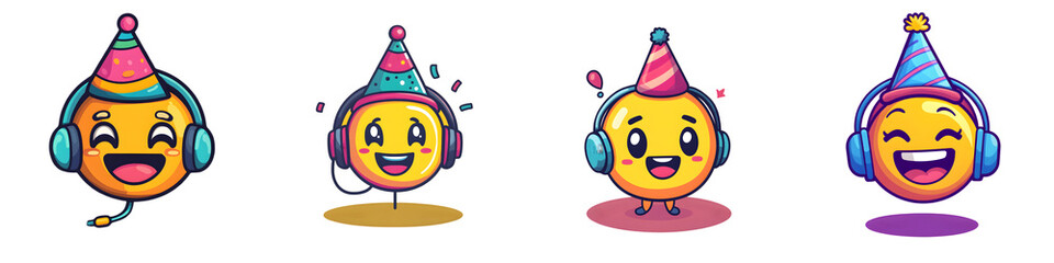 Party Emoji Characters with Headphones and Hats – Fun Celebration Faces Pack – Isolated on Transparent Background
