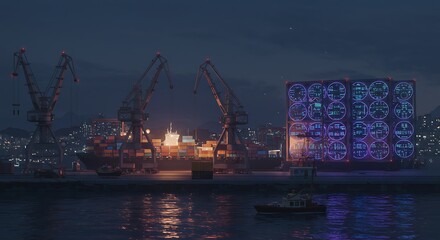 Obraz premium Port at Night with Cargo Ship, Cranes, and City Lights Reflection
