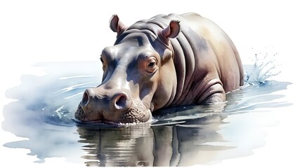 Hippopotamus in Water, Watercolor Style