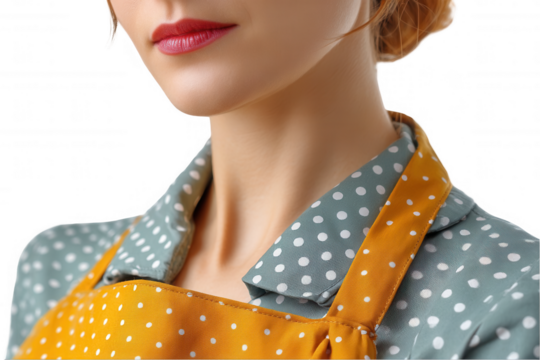 Closeup woman wearing retro polka dot dress and apron art dots neck teal on transparent background