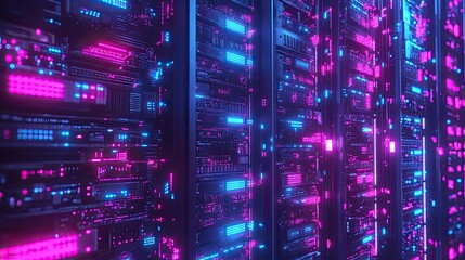 Abstract depiction of a server room with a complex arrangement of illuminated electronic components. Bright blue and pink lights illuminate the details of circuit boards and