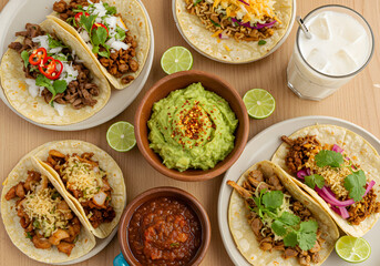 Delicious Mexican Tacos Platter with Guacamole, Salsa, and Horchata: A Feast for the Senses