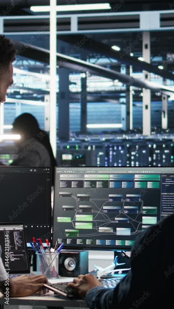 Poster vertical video data center manager supervising engineer using node tree tool to identify equipment p