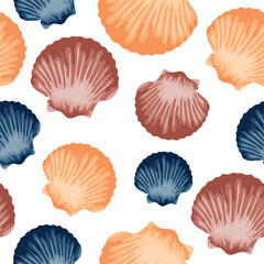 Seamless pattern with icons of colorful sea scallops from the ocean floor, for marine and summer designs