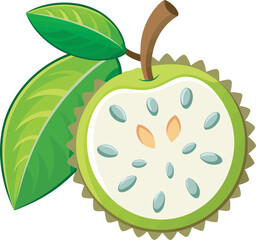 A vibrant vector art illustration of a fresh soursop fruit, showcasing its green spiky skin and juicy, tropical interior in detail.