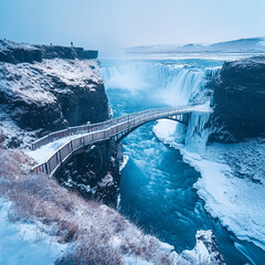 Gulfoss Waterfall in Iceland during snowfall in winter