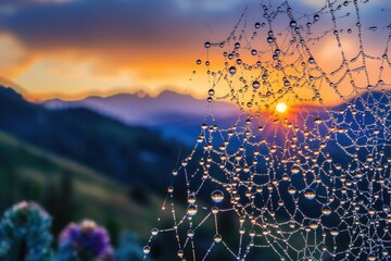 Dew-covered spiderweb at sunrise over a mountain range, a breathtaking scene of nature's beauty.