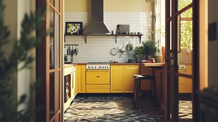 Yellow kitchen seen through a doorway, with white tile walls, geometric dark wood floor, and warm ambient lighting.