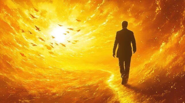 Pixelated prospector towards digital horizon an abstract man entering a glowing path for metaverse conceptual journeys