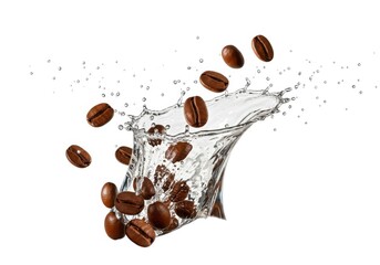 Fototapeta premium Fresh roasted coffee beans splashing in water white background shot