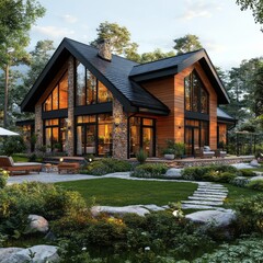 Modern log cabin home nestled in a wooded landscape.