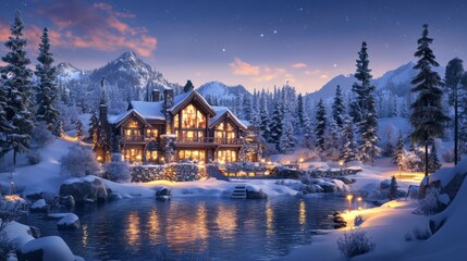 Obraz premium Snowy mountain home with illuminated windows at night.