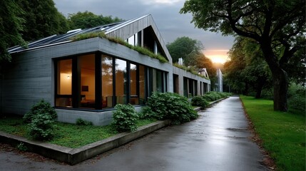Modern eco-friendly residential building with large glass windows surrounded by greenery at sunset