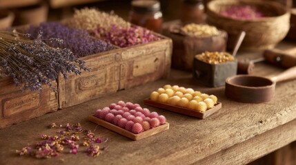 Dried Flower Pressing Botanical Supplies on Rustic Wooden Table