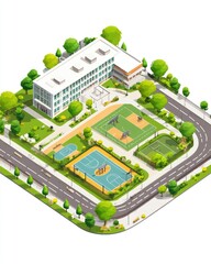 Isometric school campus illustration with buildings greenery and sports facilities presented from a high-angle perspective in a vibrant and colorful style