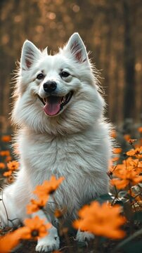 Joyful White Dog Amidst Orange Blossoms