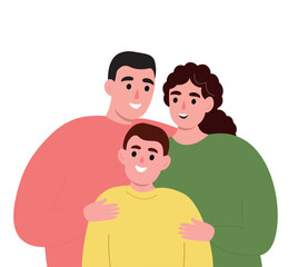 Happy family together. Dad, mom, son love, hug each other. Vector flat graphics.